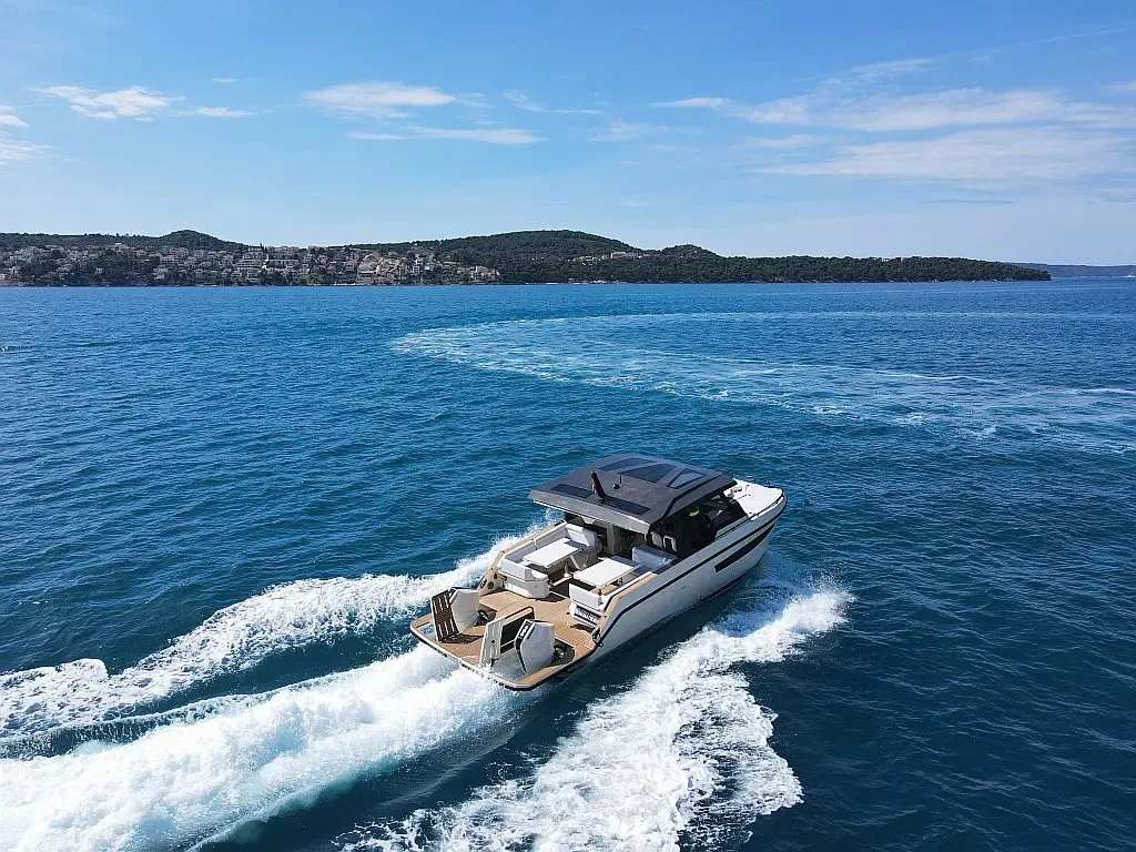 Exterior view of Lastovo, a Tesoro T38 Power Cat catamaran at Seget Donji, Croatia