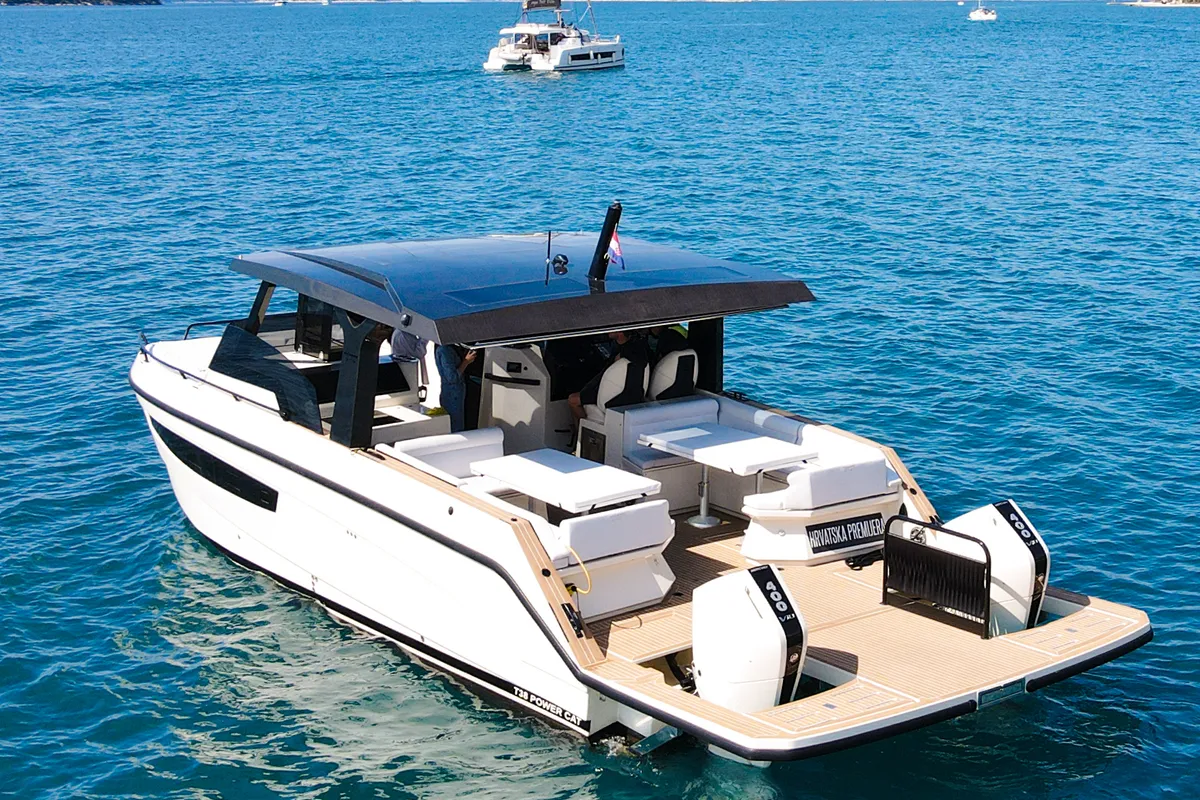 Exterior view of Lastovo, a Tesoro T38 Power Cat catamaran at Seget Donji, Croatia