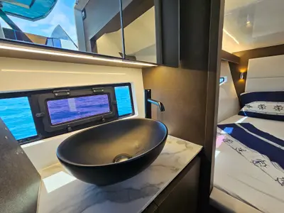 Head on Lastovo, a Tesoro T38 Power Cat catamaran at Seget Donji, Croatia
