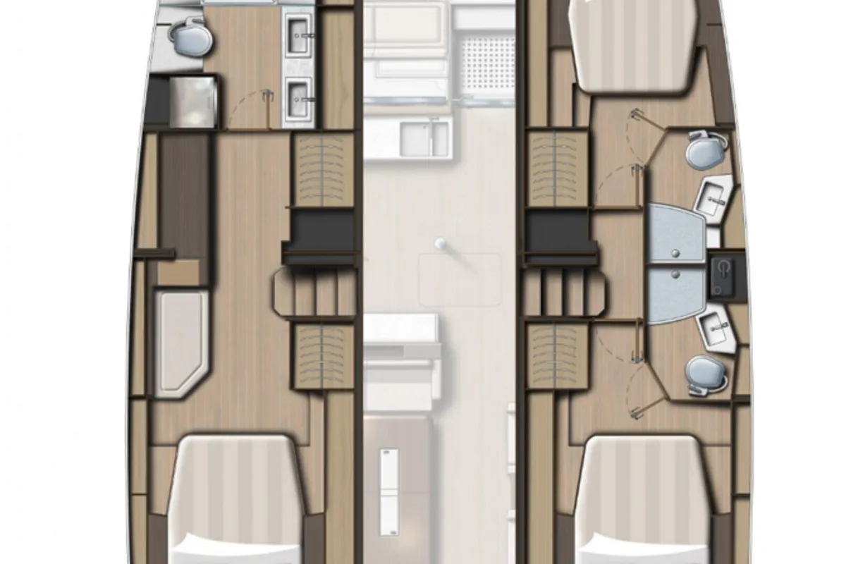 Floor plan of American Honey, a Bali 4.4 catamaran at Central Abaco, Bahamas