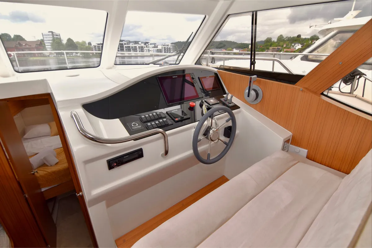 Cockpit of Kragero, a Greenline 33 motor yacht at Porsgrunn, Norway