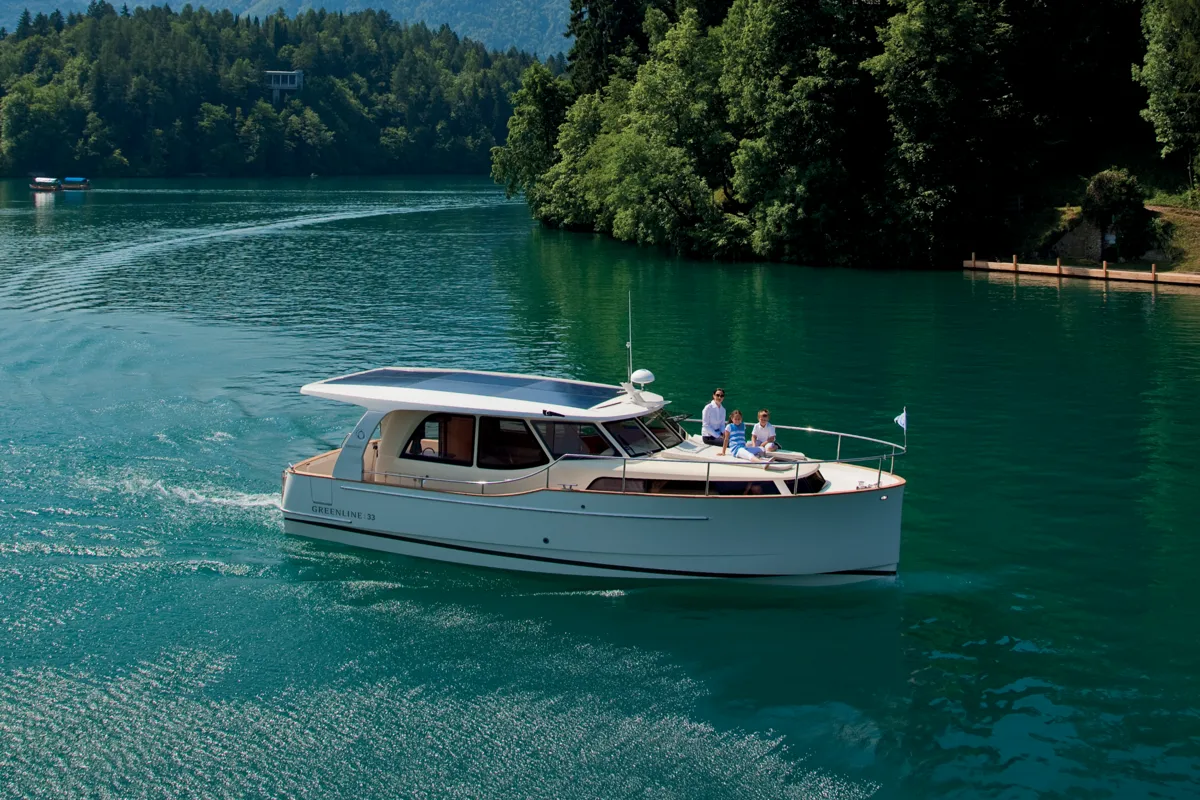 Exterior view of Kragero, a Greenline 33 motor yacht at Porsgrunn, Norway