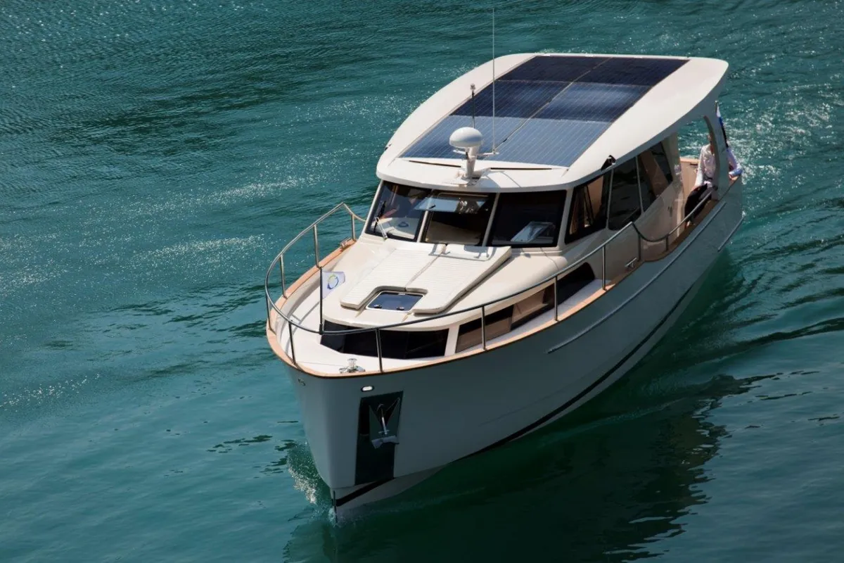 Exterior view of Kragero, a Greenline 33 motor yacht at Porsgrunn, Norway