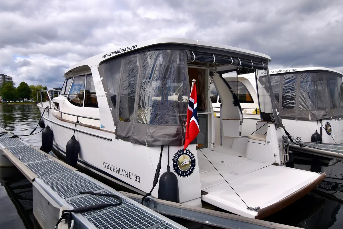 Exterior view of Kragero, a Greenline 33 motor yacht at Porsgrunn, Norway