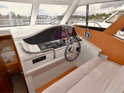 Cockpit of Kragero, a Greenline 33 motor yacht at Porsgrunn, Norway