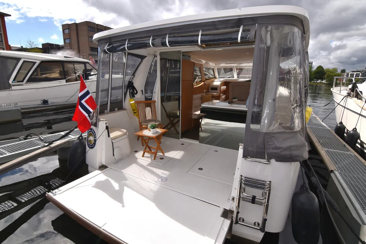 Deck of Kragero, a Greenline 33 motor yacht at Porsgrunn, Norway
