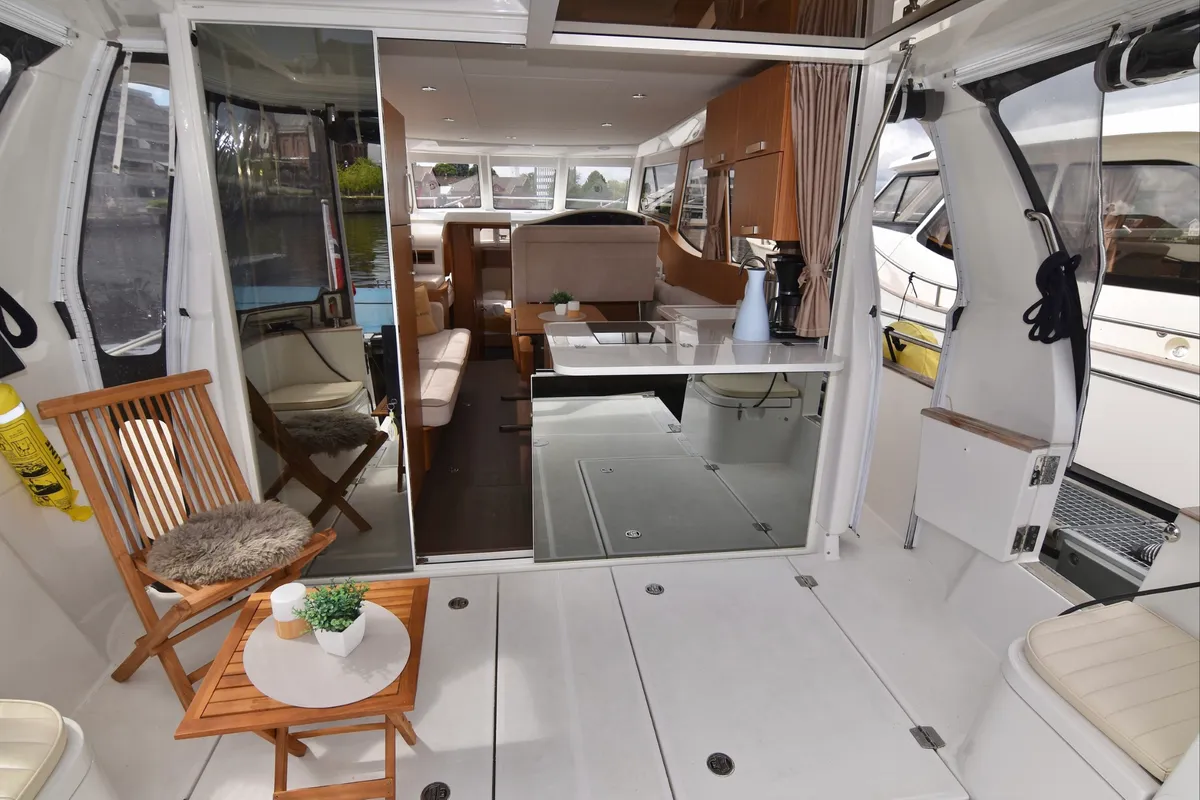 Deck of Kragero, a Greenline 33 motor yacht at Porsgrunn, Norway