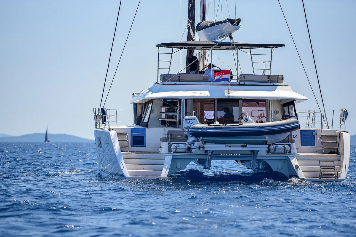 Exterior view of Topaz, a Lagoon 560 catamaran at Split, Croatia