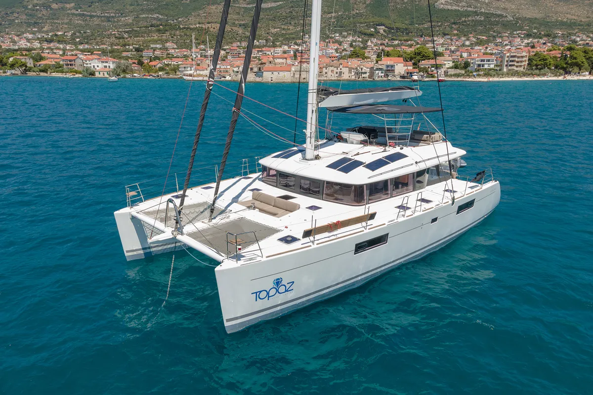 Exterior view of Topaz, a Lagoon 560 catamaran at Split, Croatia