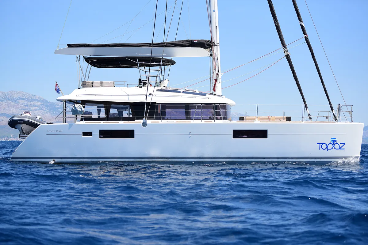Exterior view of Topaz, a Lagoon 560 catamaran at Split, Croatia