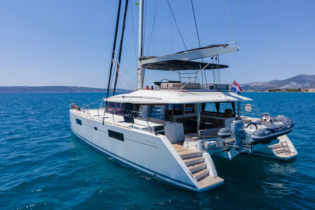 Exterior view of Topaz, a Lagoon 560 catamaran at Split, Croatia