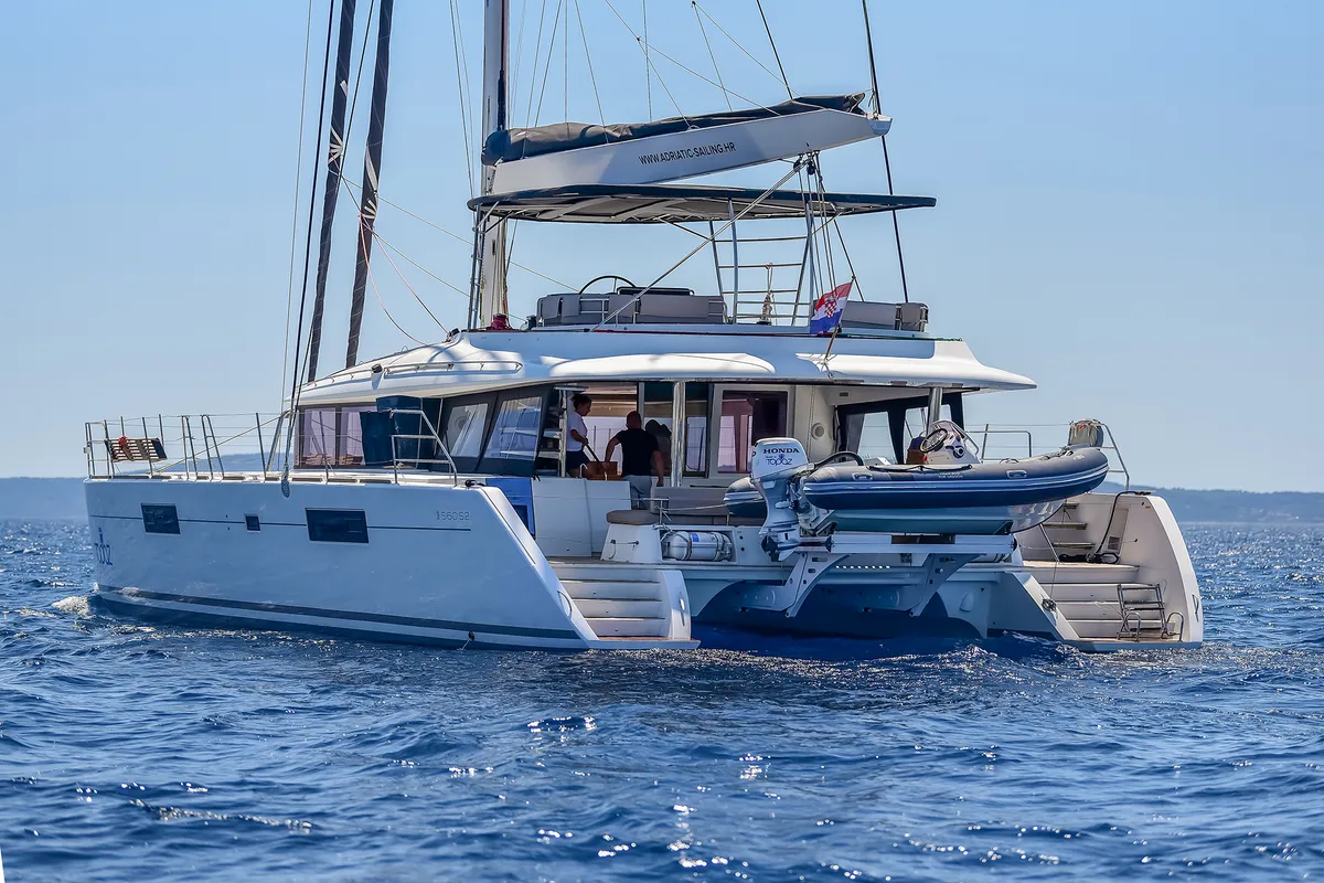 Exterior view of Topaz, a Lagoon 560 catamaran at Split, Croatia