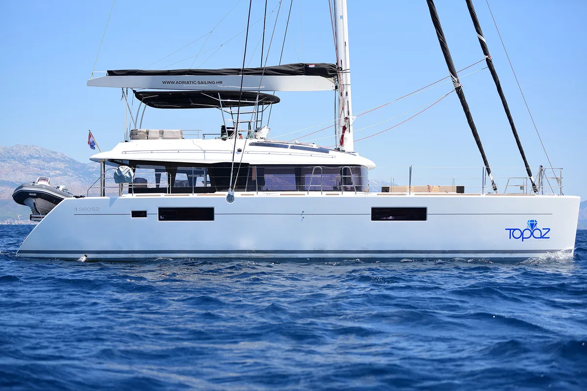 Exterior view of Topaz, a Lagoon 560 catamaran at Split, Croatia