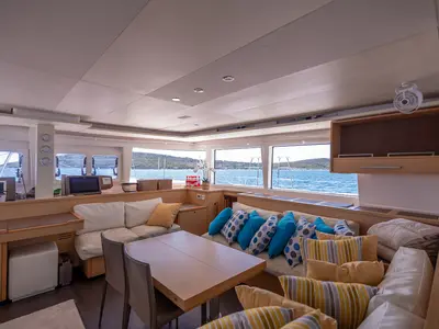 Salon of Topaz, a Lagoon 560 catamaran at Split, Croatia