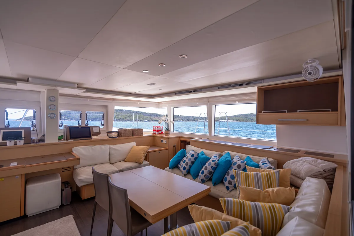Salon of Topaz, a Lagoon 560 catamaran at Split, Croatia
