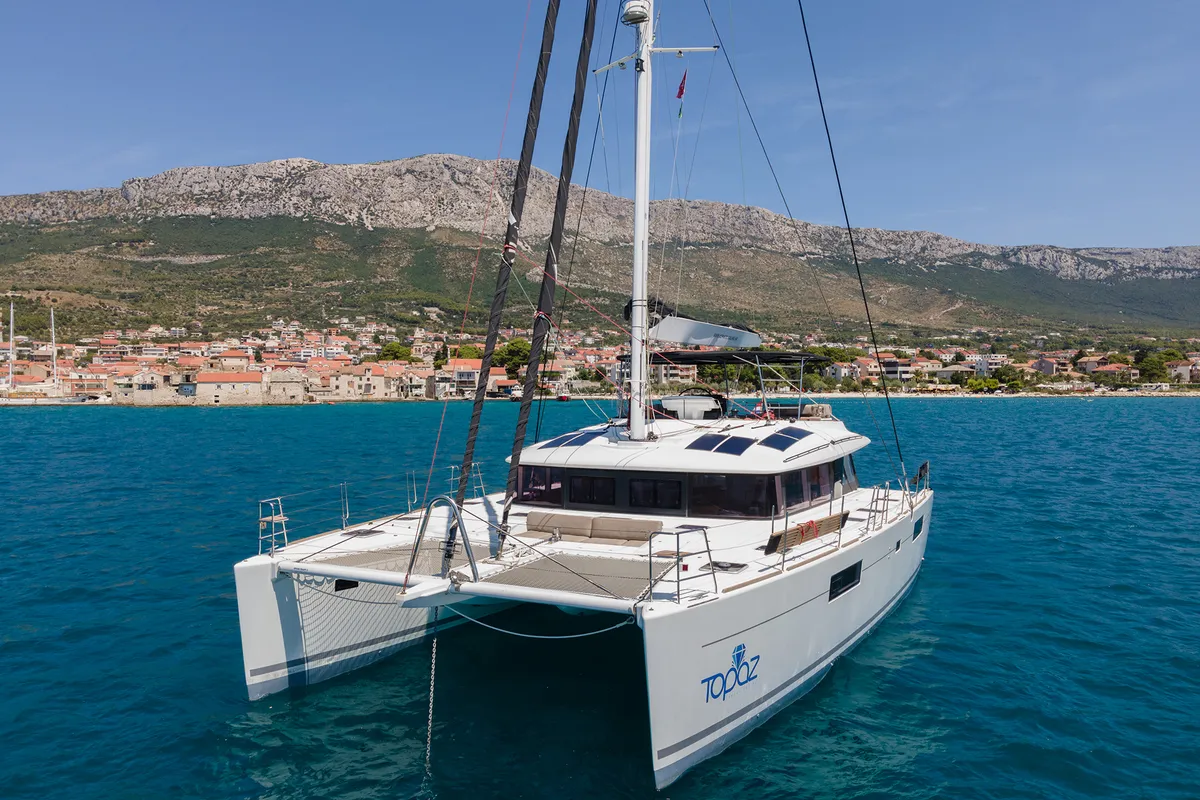 Exterior view of Topaz, a Lagoon 560 catamaran at Split, Croatia