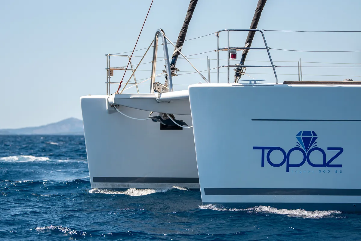 Exterior view of Topaz, a Lagoon 560 catamaran at Split, Croatia