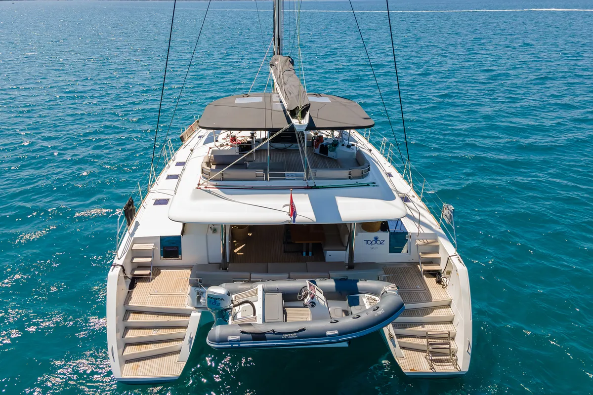 Exterior view of Topaz, a Lagoon 560 catamaran at Split, Croatia