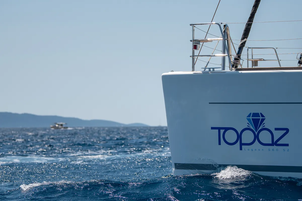 Exterior view of Topaz, a Lagoon 560 catamaran at Split, Croatia