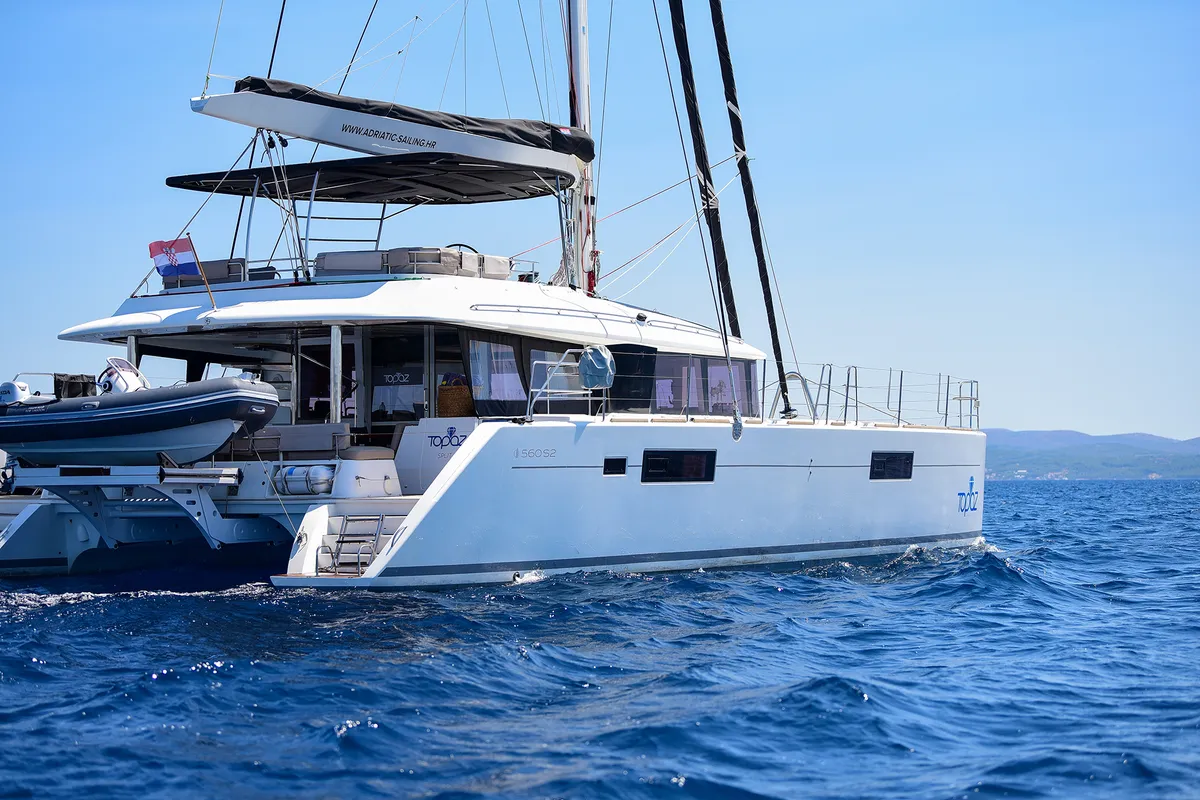 Exterior view of Topaz, a Lagoon 560 catamaran at Split, Croatia