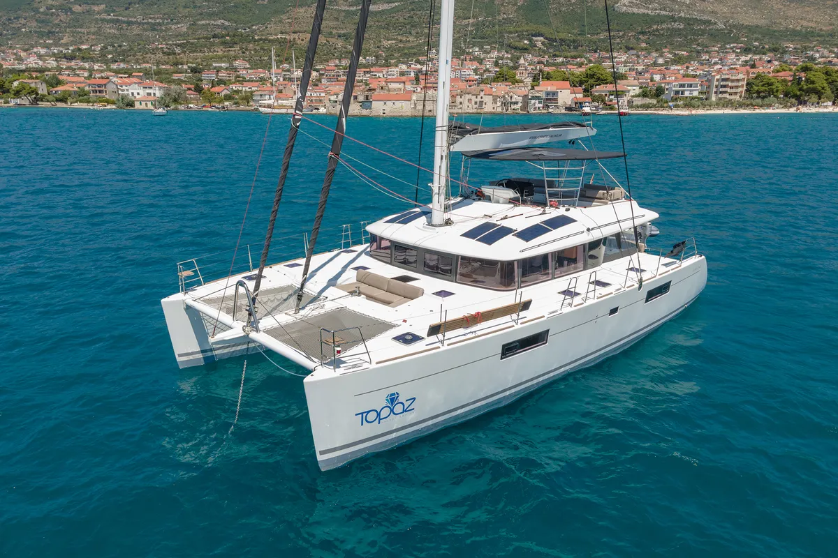 Exterior view of Topaz, a Lagoon 560 catamaran at Split, Croatia
