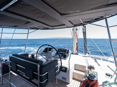 Cockpit of Topaz, a Lagoon 560 catamaran at Split, Croatia