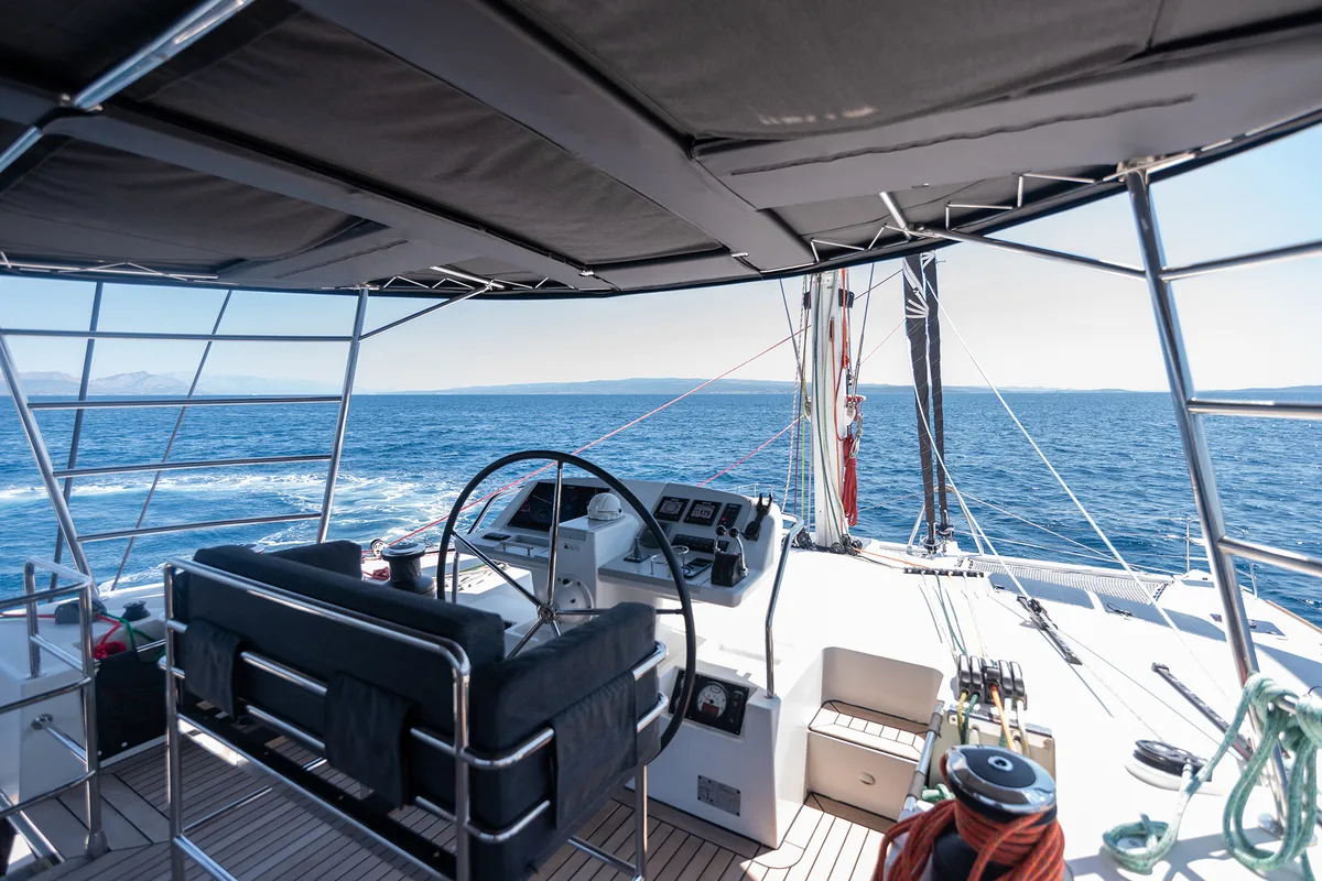 Cockpit of Topaz, a Lagoon 560 catamaran at Split, Croatia