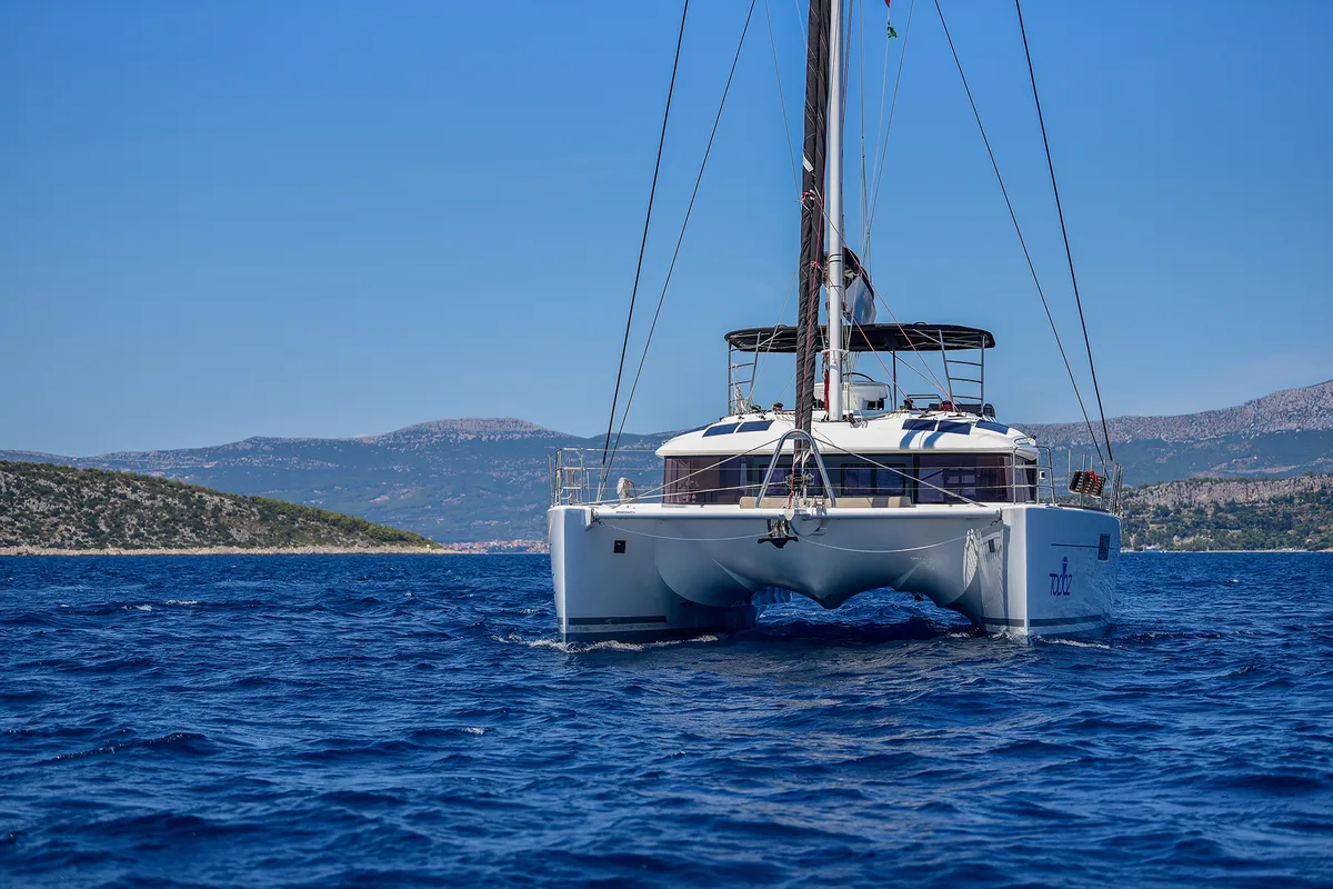 Exterior view of Topaz, a Lagoon 560 catamaran at Split, Croatia