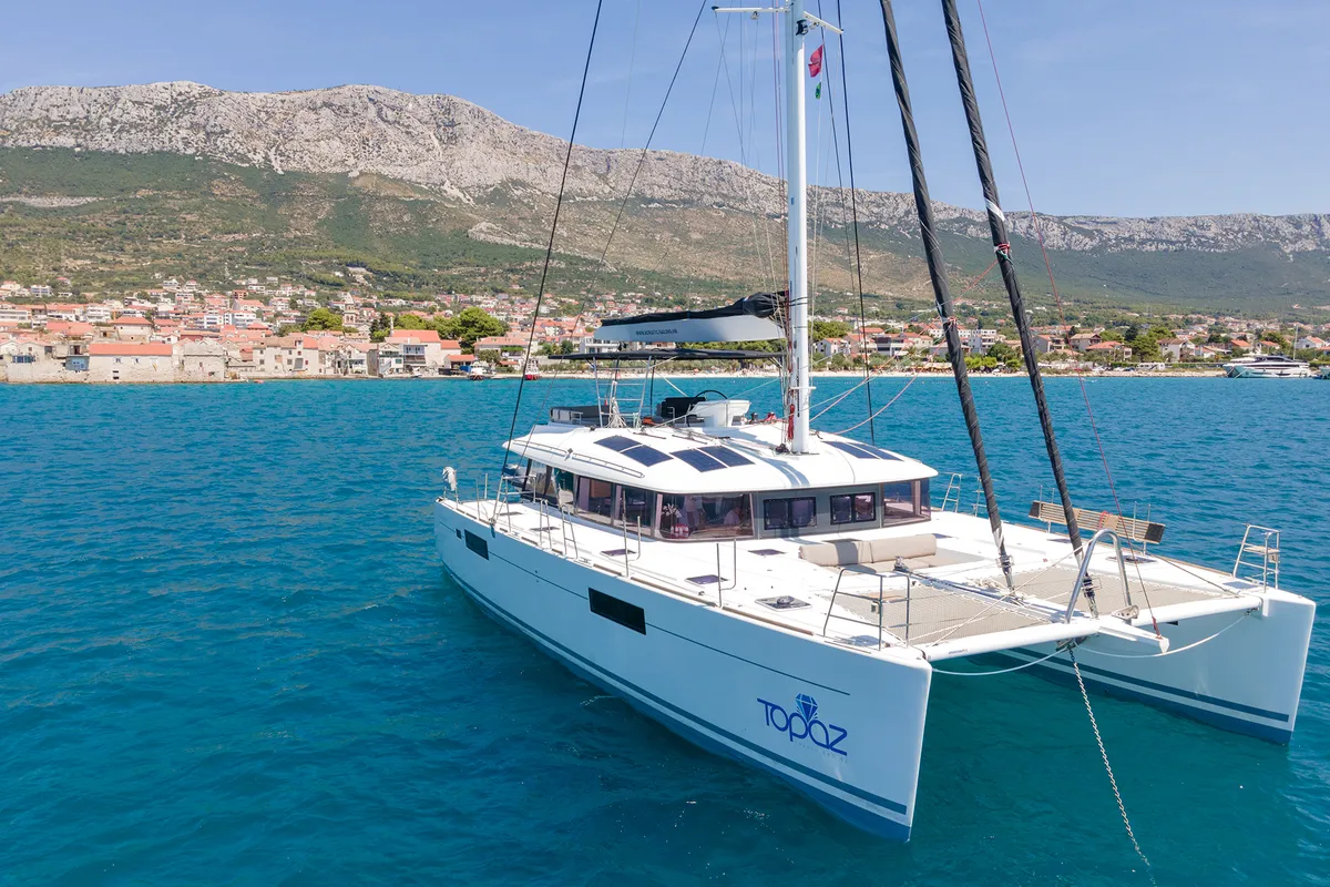 Exterior view of Topaz, a Lagoon 560 catamaran at Split, Croatia