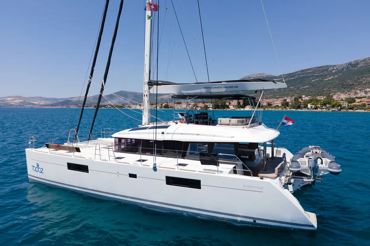 Exterior view of Topaz, a Lagoon 560 catamaran at Split, Croatia