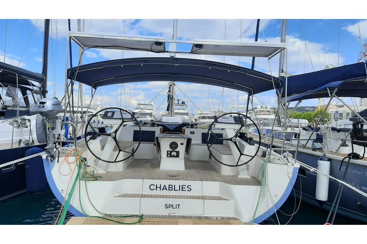 Cockpit of CHABLIES, a D&D Kufner 54 sailboat at Grad Trogir, Croatia