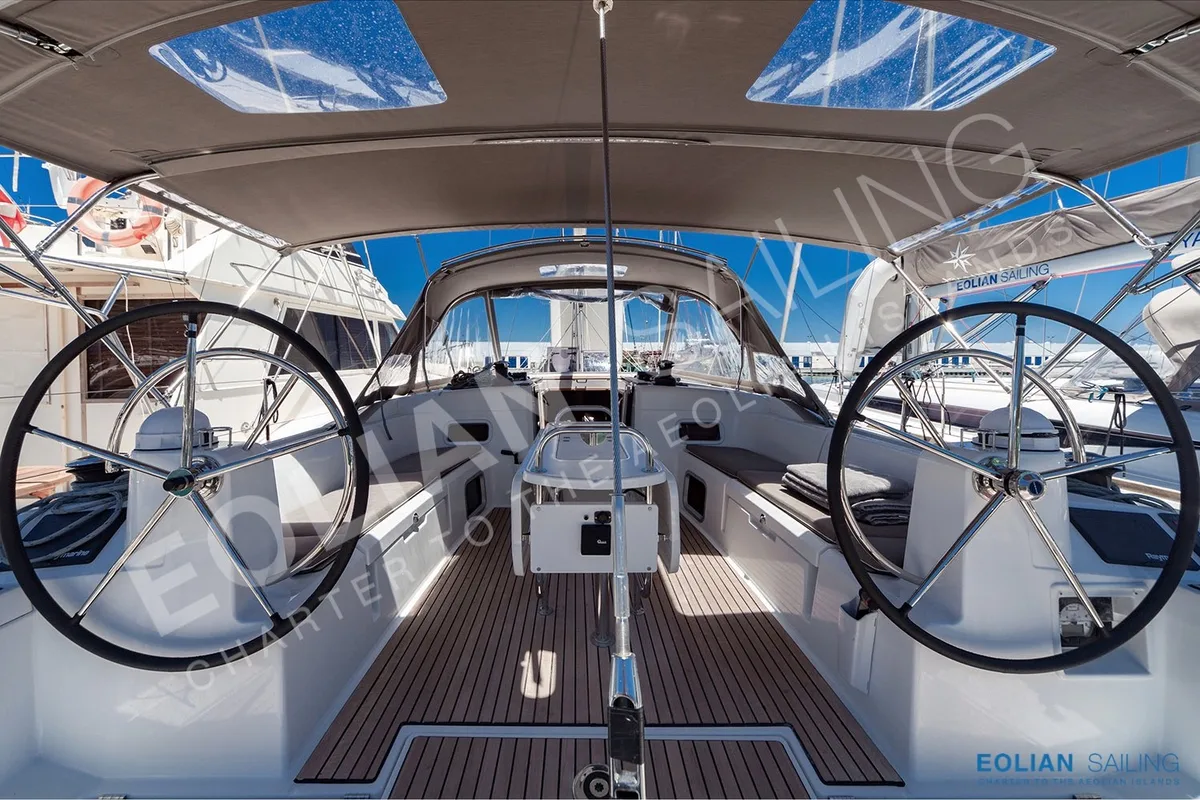 Cockpit of Montecarlo, a Jeanneau Sun Odyssey 519 sailboat at Capo d'Orlando, Italy