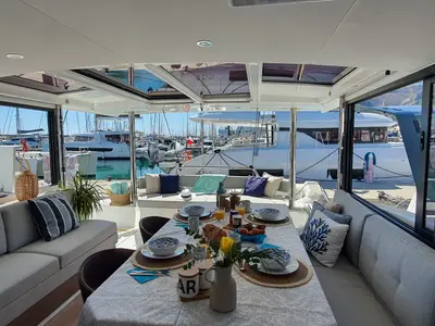Salon of AMAZIGH, a Bali 4.6 catamaran at Sitges, Spain