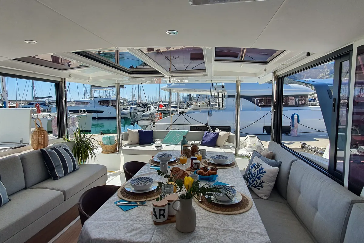 Salon of AMAZIGH, a Bali 4.6 catamaran at Sitges, Spain