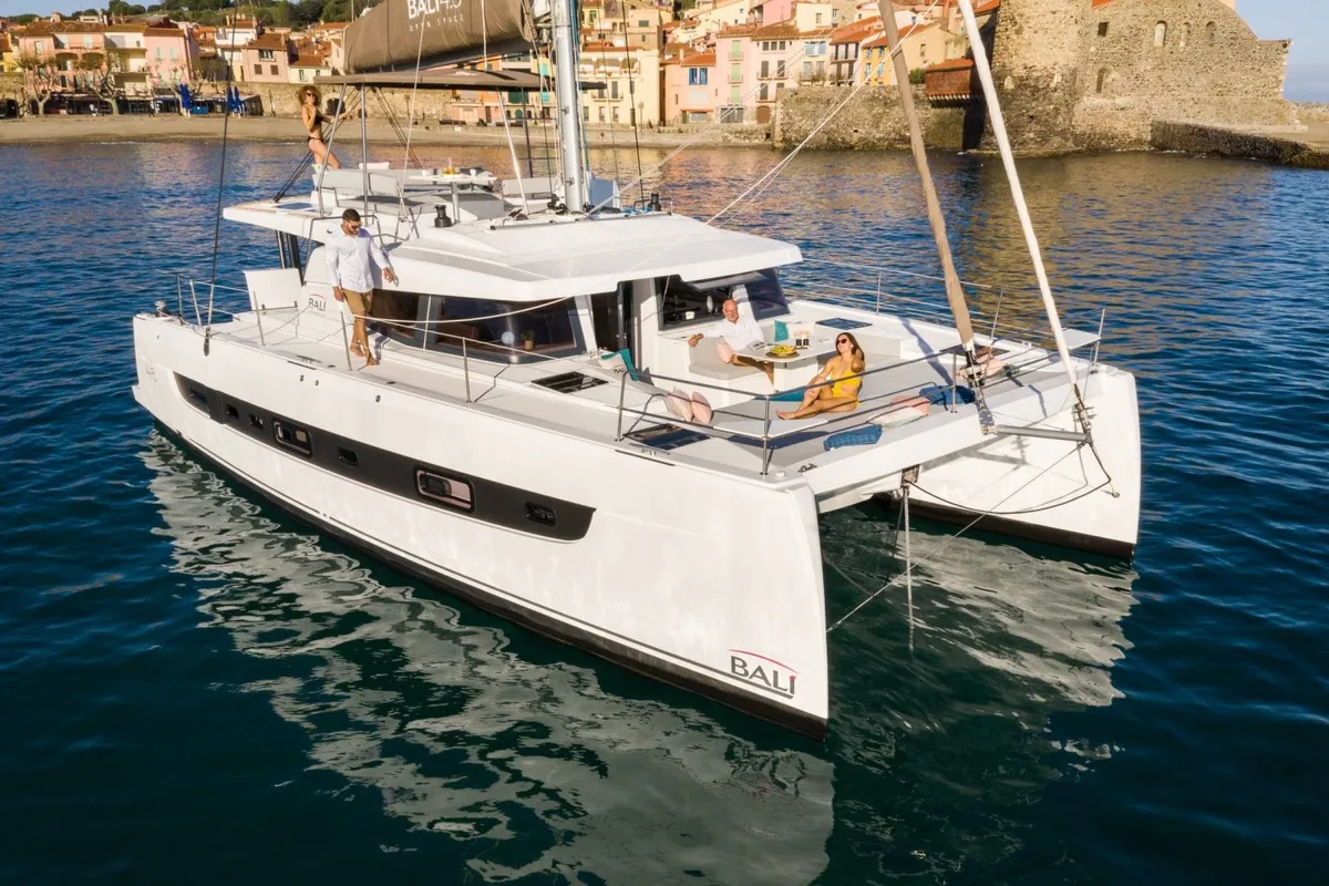 Exterior view of AMAZIGH, a Bali 4.6 catamaran at Sitges, Spain