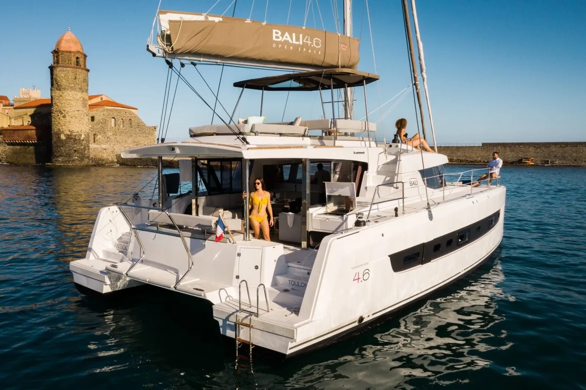 Exterior view of AMAZIGH, a Bali 4.6 catamaran at Sitges, Spain