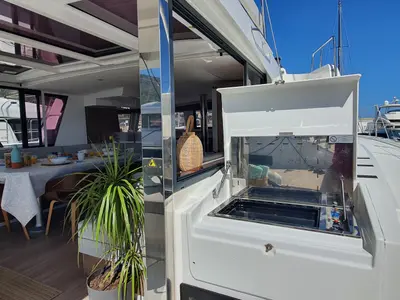 Deck of AMAZIGH, a Bali 4.6 catamaran at Sitges, Spain
