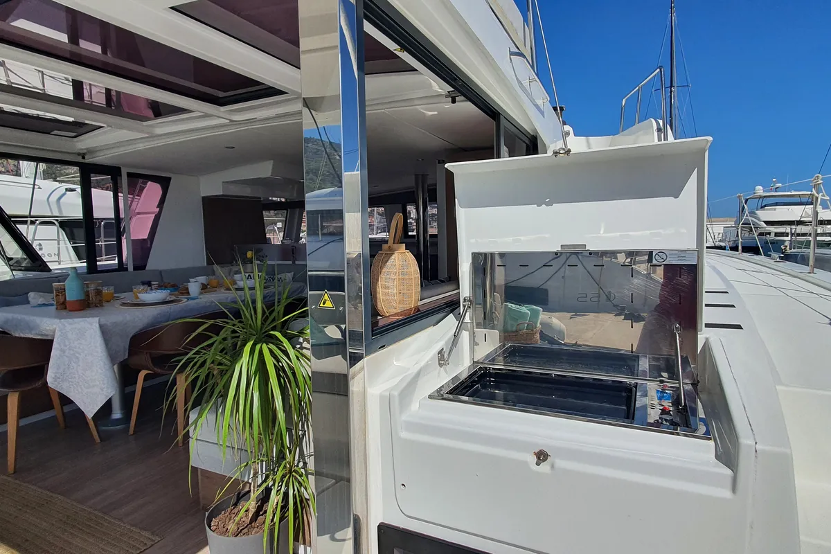 Deck of AMAZIGH, a Bali 4.6 catamaran at Sitges, Spain