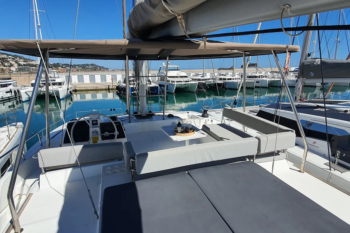 Deck of AMAZIGH, a Bali 4.6 catamaran at Sitges, Spain