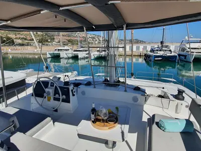 Cockpit of AMAZIGH, a Bali 4.6 catamaran at Sitges, Spain