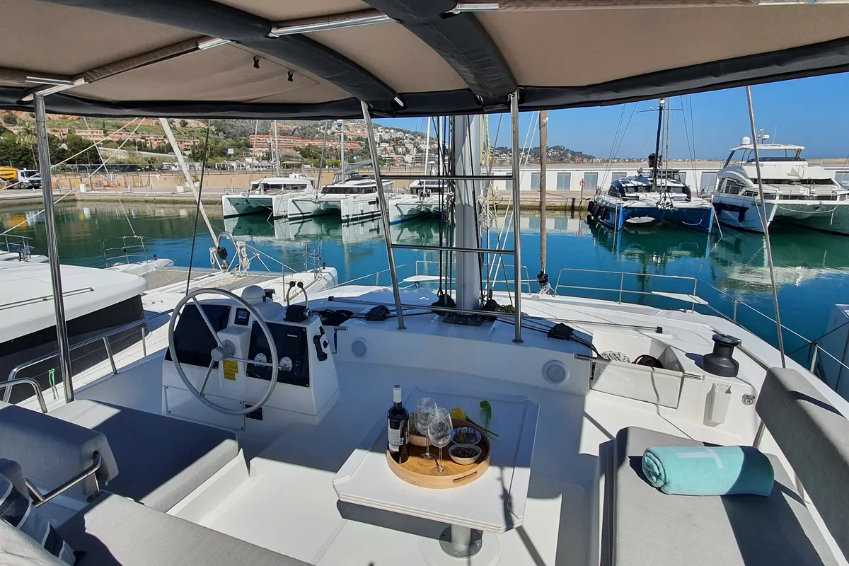 Cockpit of AMAZIGH, a Bali 4.6 catamaran at Sitges, Spain