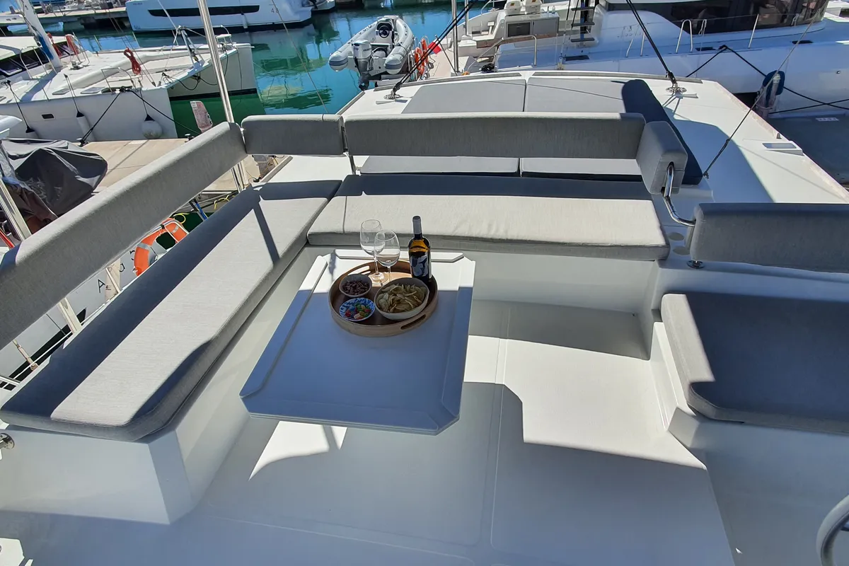 Deck of AMAZIGH, a Bali 4.6 catamaran at Sitges, Spain