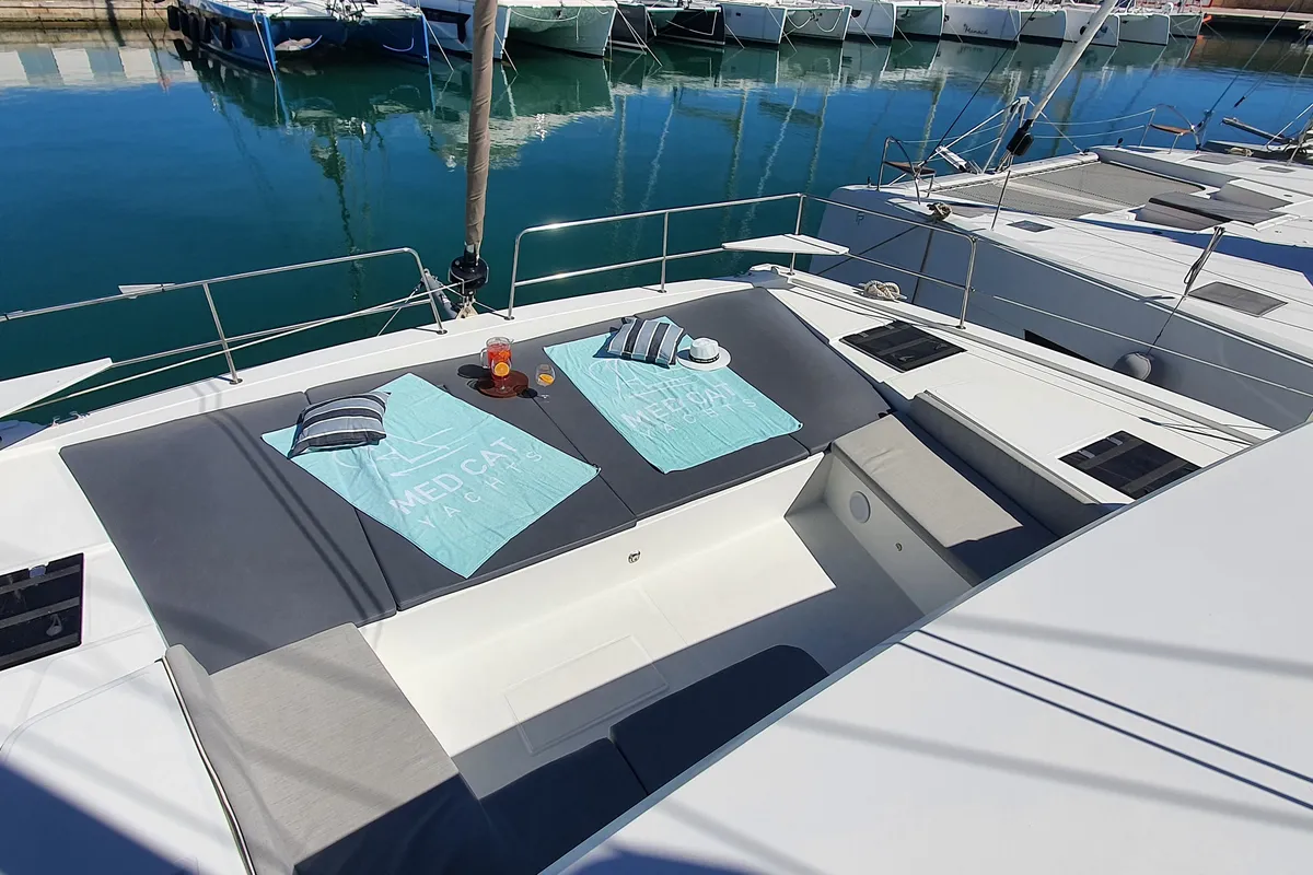 Deck of AMAZIGH, a Bali 4.6 catamaran at Sitges, Spain