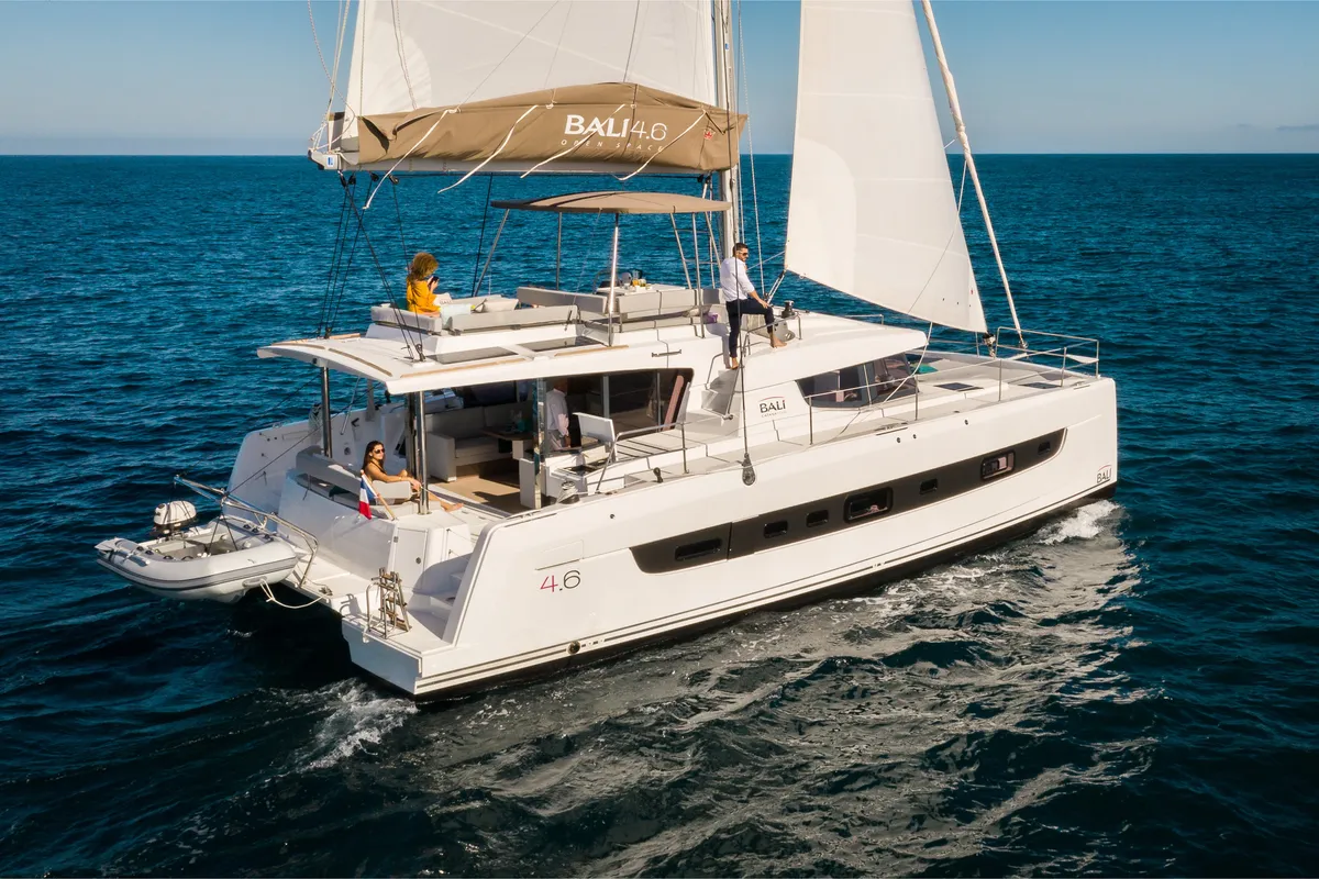 Exterior view of AMAZIGH, a Bali 4.6 catamaran at Sitges, Spain