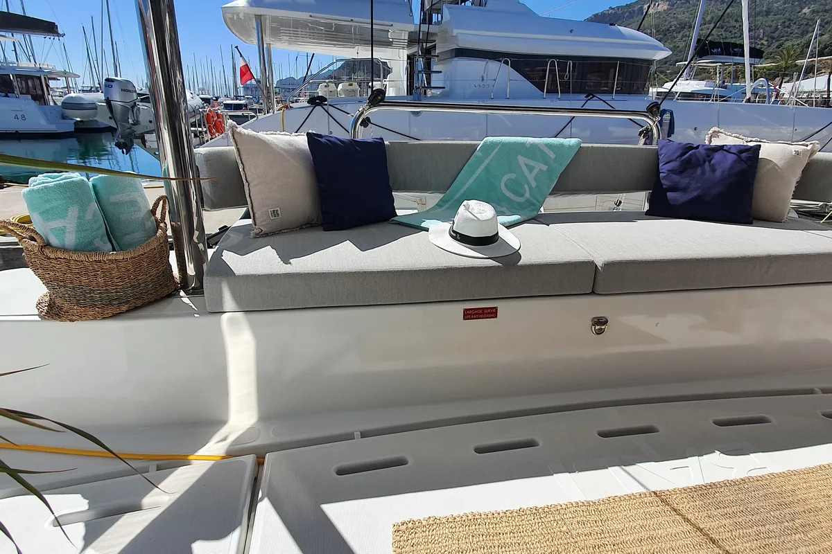 Deck of AMAZIGH, a Bali 4.6 catamaran at Sitges, Spain