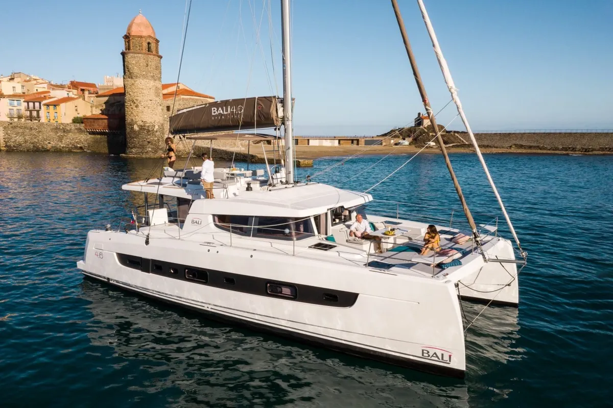 Exterior view of AMAZIGH, a Bali 4.6 catamaran at Sitges, Spain