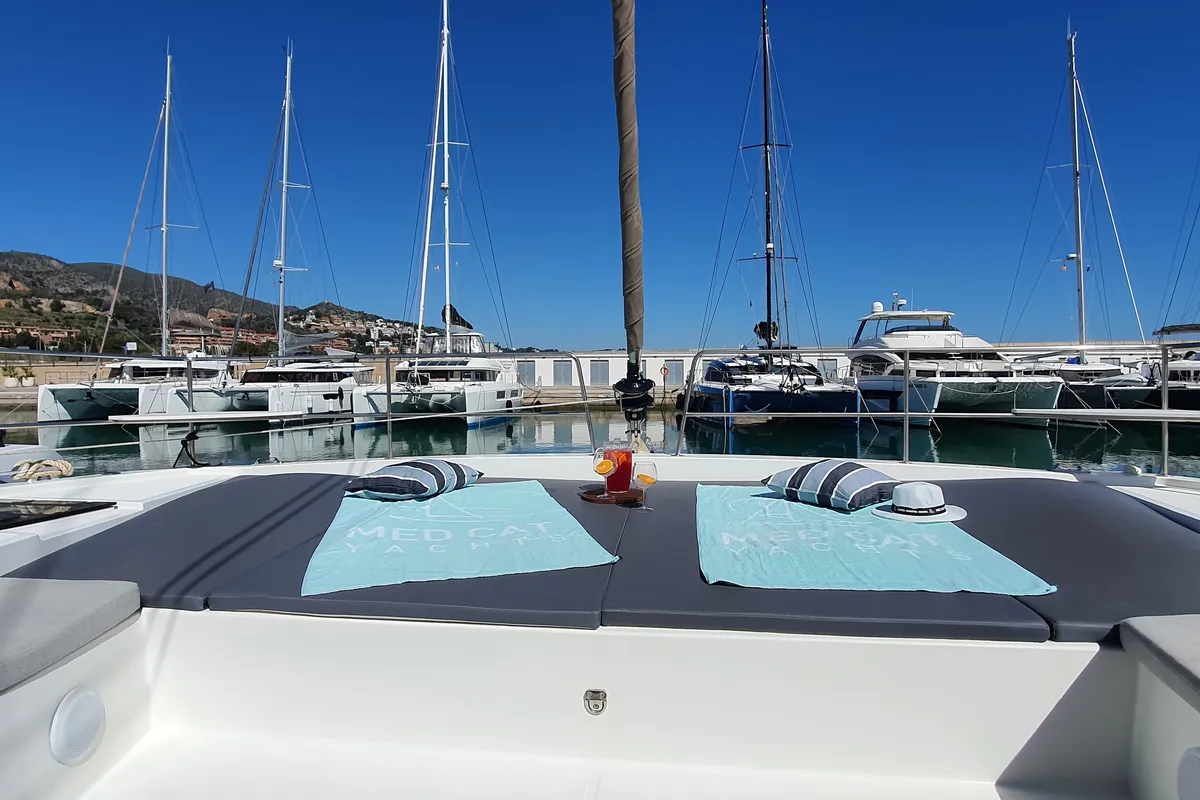 Deck of AMAZIGH, a Bali 4.6 catamaran at Sitges, Spain
