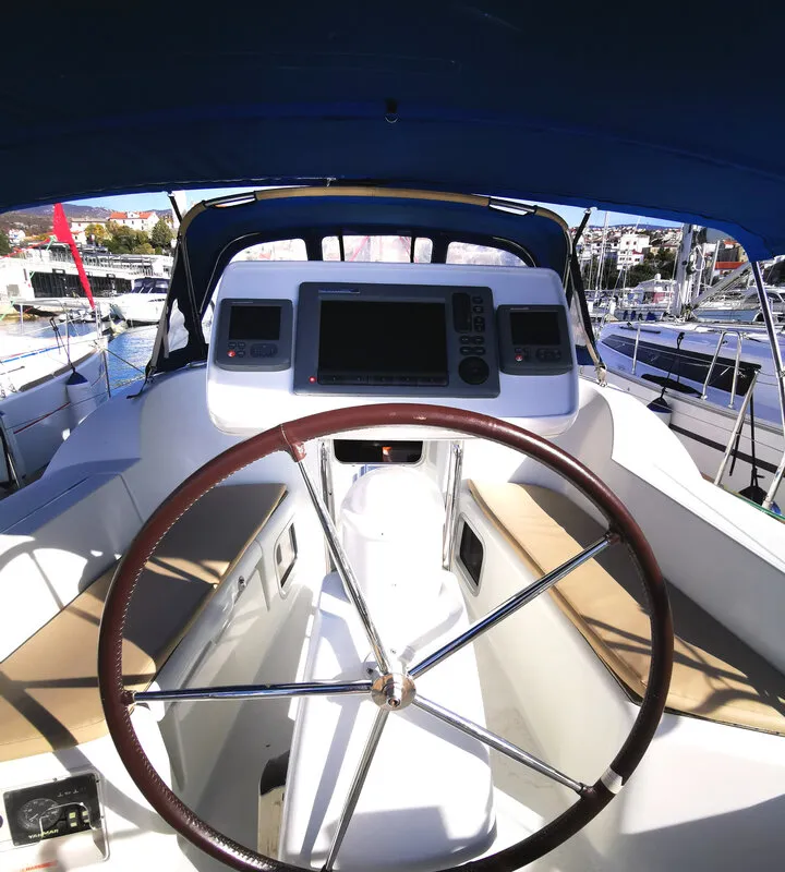 Cockpit of Mia, a Jeanneau Sun Odyssey 36i sailboat at Novi Vinodolski, Croatia