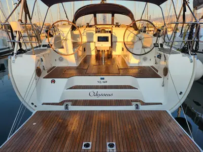 Cockpit of Odysseus, a Bavaria Cruiser 46 sailboat at Athens, Greece