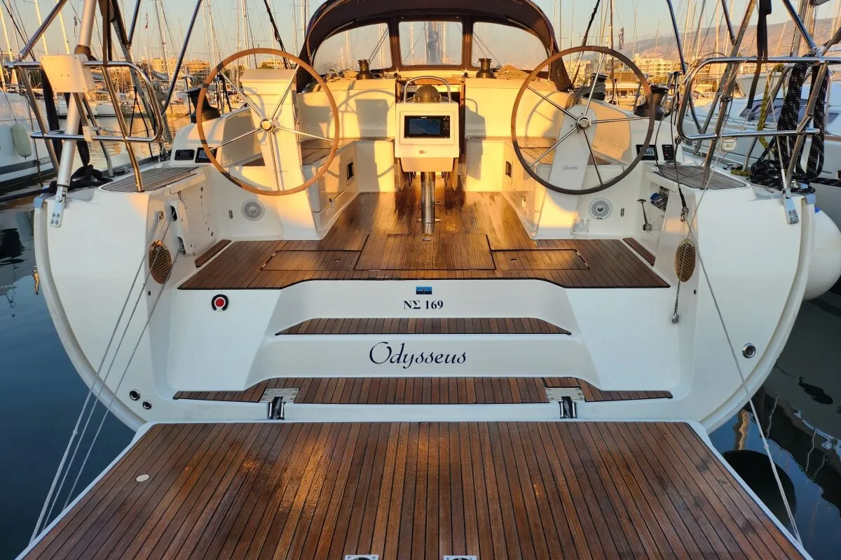 Cockpit of Odysseus, a Bavaria Cruiser 46 sailboat at Athens, Greece